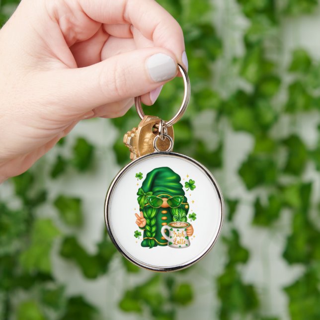 Cute St Patricks Day Gnome Drinking Coffee Keychain (Hand)