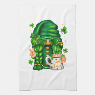 Cute St Patricks Day Gnome Drinking Coffee Kitchen Towel