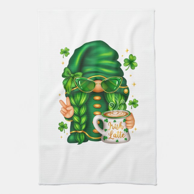Cute St Patricks Day Gnome Drinking Coffee Kitchen Towel (Vertical)