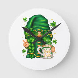 Cute St Patricks Day Gnome Drinking Coffee Round Clock