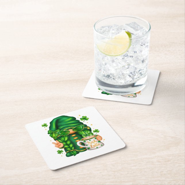 Cute St Patricks Day Gnome Drinking Coffee Square Paper Coaster (Insitu)