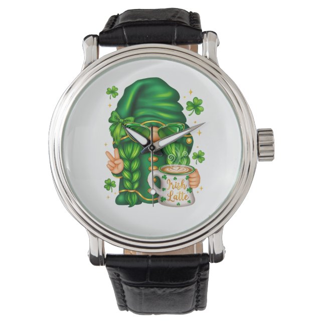 Cute St Patricks Day Gnome Drinking Coffee Watch (Front)