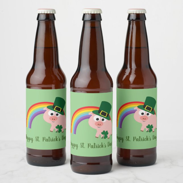 Cute St. Patrick's Day Leprechaun Pig  Beer Bottle Label (Bottles)