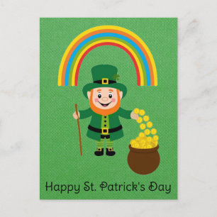 Cute St Patricks Day Leprechaun Rainbow Gold Pot Postcard