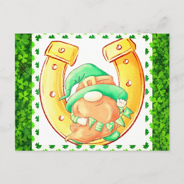 Cute St Patricks Day Lucky Gnome Green Shamrock Postcard (Front)