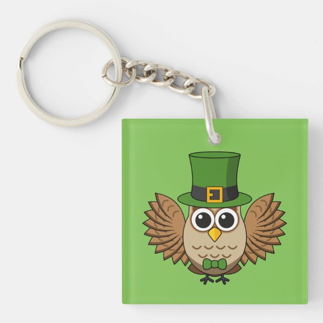 Cute St Patrick's Day Owl Cartoon Keychain (Front)
