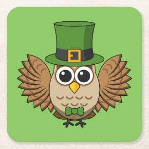 Cute St Patrick's Day Owl Cartoon Square Paper Coaster