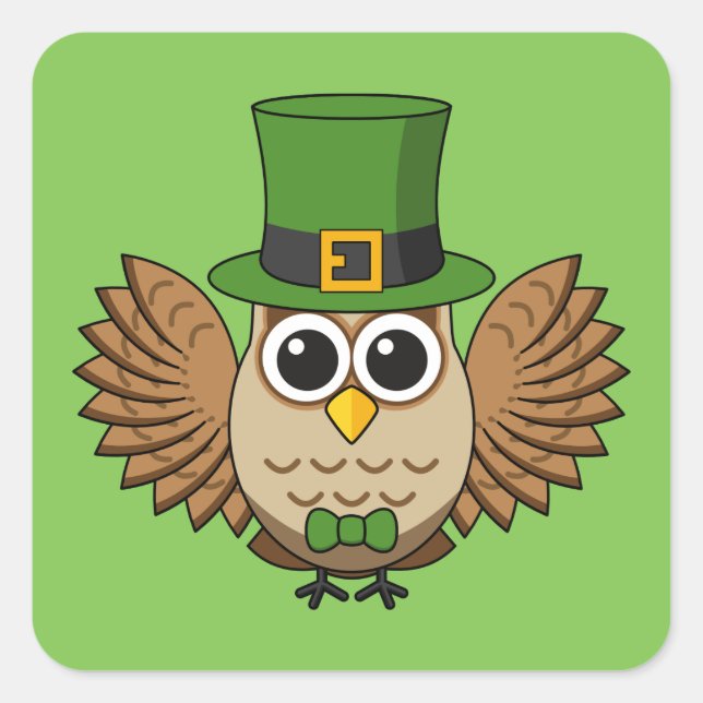 Cute St Patrick's Day Owl Cartoon Square Sticker (Front)