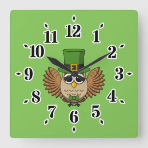Cute St Patrick's Day Owl Cartoon Square Wall Clock