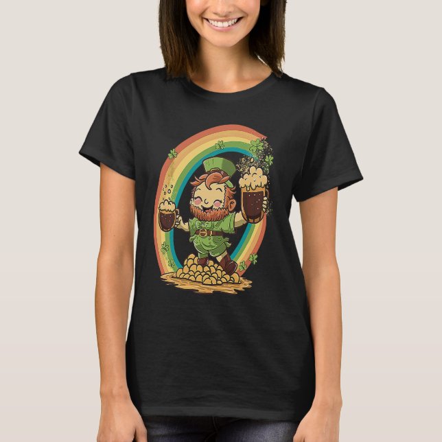 Cute St Patricks Day Rainbow and Leprechaun Holdin T-Shirt (Front)