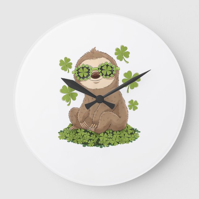 Cute St. Patrick's Day Sloth Lepricorn Shamrock Gi Large Clock (Front)