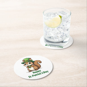 Cute St. Patrick's Day Squirrel with Green Hat Round Paper Coaster
