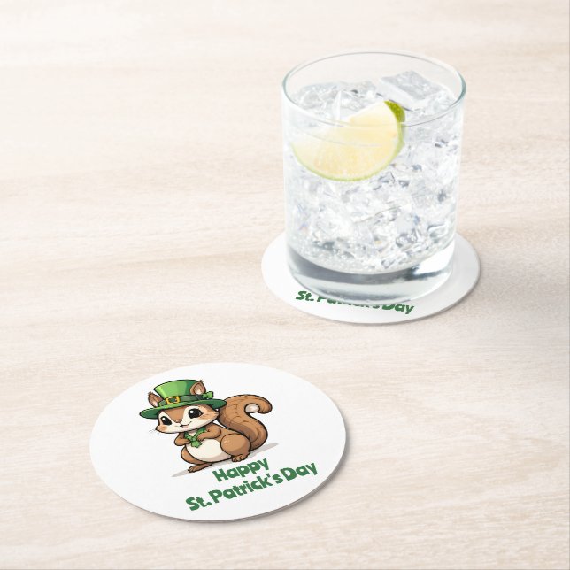 Cute St. Patrick's Day Squirrel with Green Hat Round Paper Coaster (Insitu)