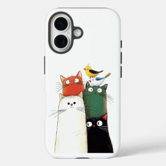  Cute Stacked Cats & Birds iPhone 16 Case