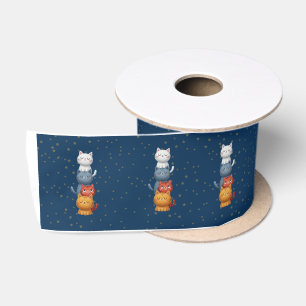 Cute Stacked Cats Satin Ribbon 🐱   Navy Blue Star
