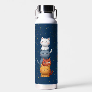 Cute Stacked Cats Water Bottle 🐱 Navy Blue Star