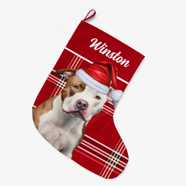 Cute Staffordshire Dog and Red Plaid Custom Large Christmas Stocking (Front (Hanging))