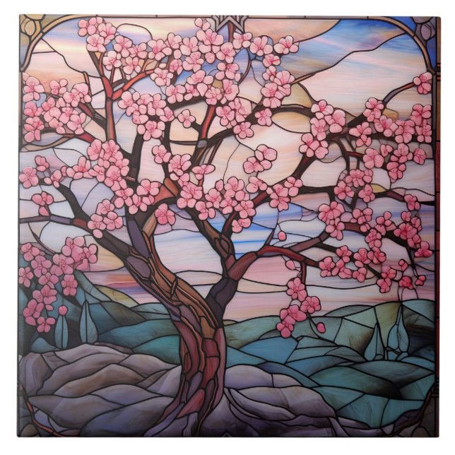 cute stained glass cherry blossom tree  tile (Front)