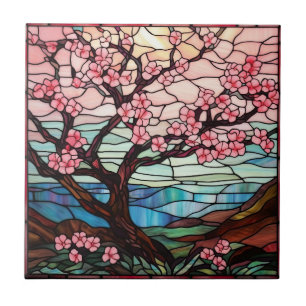 cute stained glass cherry blossom tree  tile
