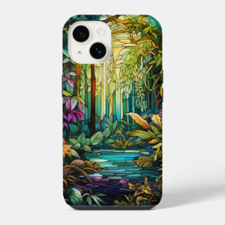 Cute stained glass tropical forest iPhone 14 case