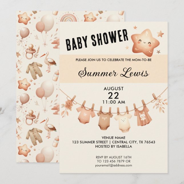 Cute Star Baby Shower - Clothes Line Invitation (Front/Back)