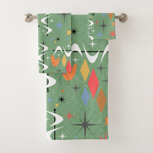 Cute starbursts contemporary mid century green bath towel set (Insitu)