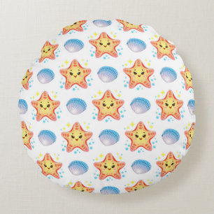 Cute Starfish and Seashells Round Pillow
