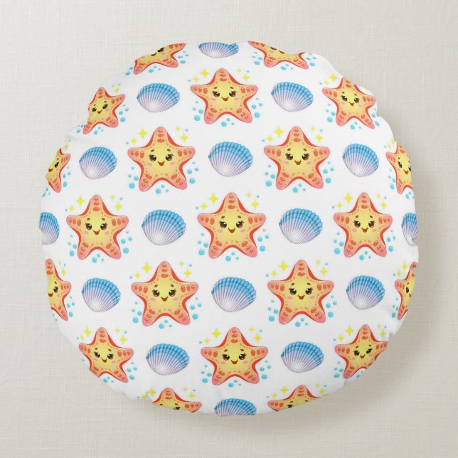 Cute Starfish and Seashells Round Pillow (Front)