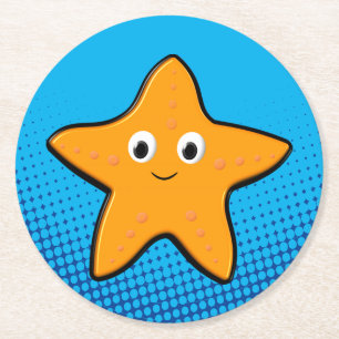 Cute Starfish Drawing Blue Ocean Round Paper Coaster