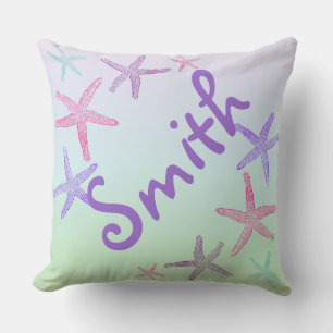 Cute Starfish on Aqua Pastel Monogram Throw Pillow