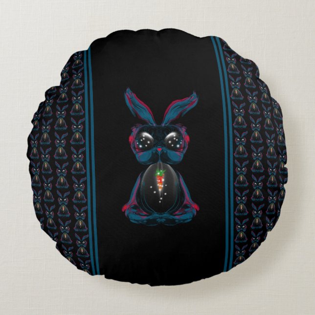 Cute Starlight Eyes Rabbit in Yoga Pose Meditation Round Pillow (Front)