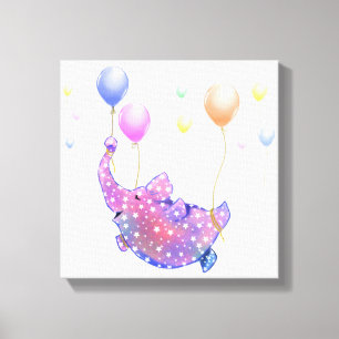 Cute Starry Elephant Flying with Colourful Balloon Canvas Print