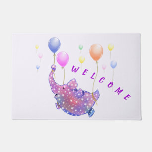 Cute Starry Elephant Flying with Colourful Balloon Doormat