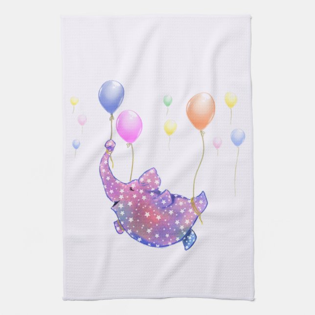 Cute Starry Elephant Flying with Colourful Balloon Kitchen Towel (Vertical)