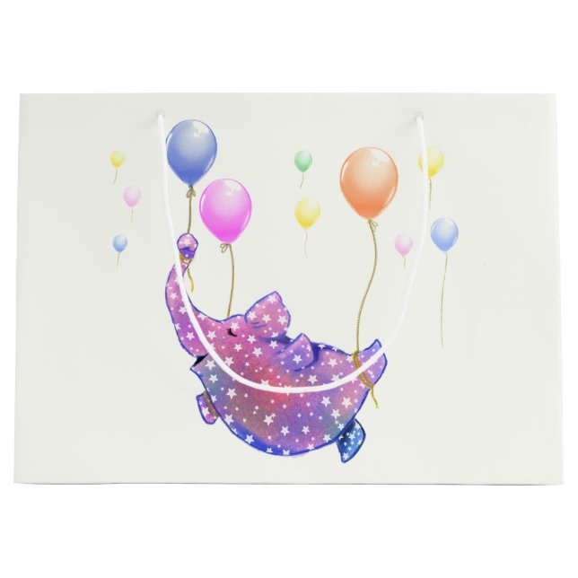 Cute Starry Elephant Flying with Colourful Balloon Large Gift Bag (Front)