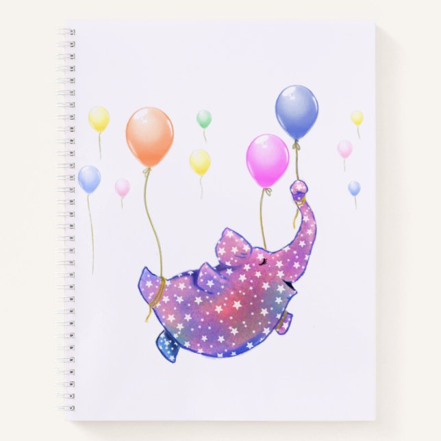 Cute Starry Elephant Flying with Colourful Balloon Notebook (Front)