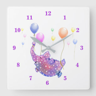 Cute Starry Elephant Flying with Colourful Balloon Square Wall Clock