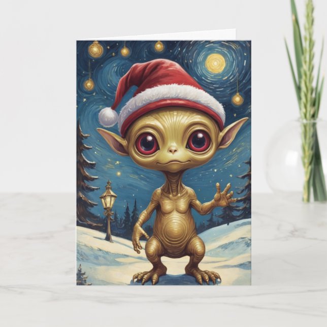 Cute Starry Night Alien Retro Christmas Card (Front)