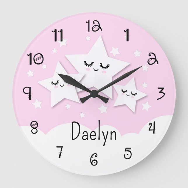 Cute Stars and Clouds in Pink Kid's Large Clock (Front)