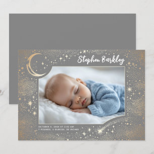 Cute Stars Moon Celestial Newborn Boy Photo Birth Announcement