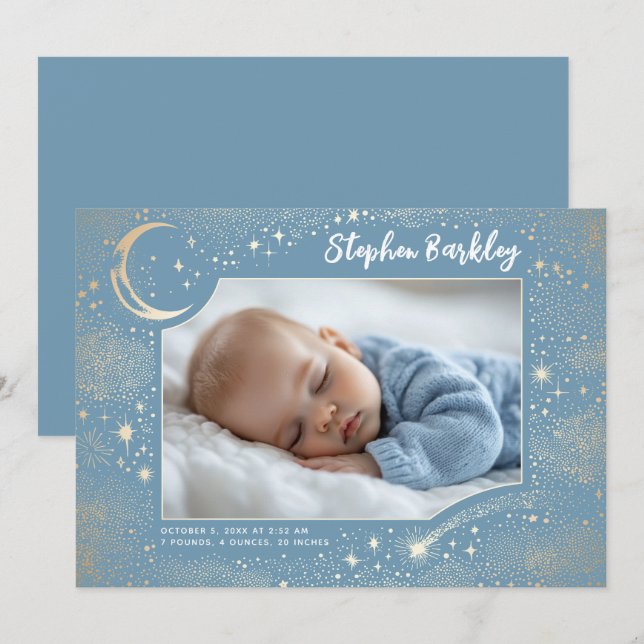Cute Stars Moon Celestial Newborn Boy Photo Birth Announcement (Front/Back)