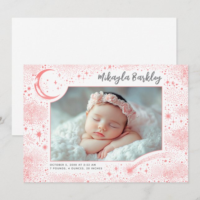 Cute Stars Moon Celestial Newborn Photo Birth Announcement (Front/Back)