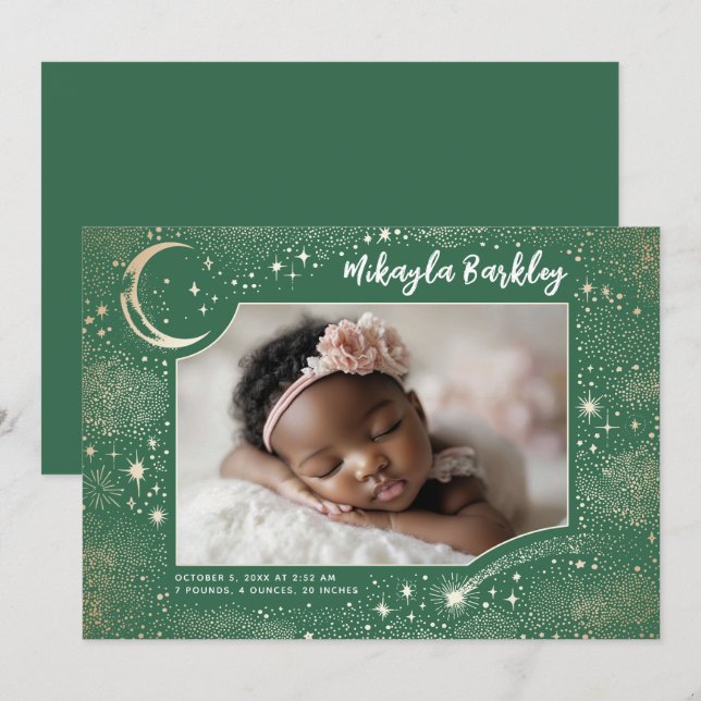 Cute Stars Moon Celestial Newborn Photo Birth Announcement (Front/Back)