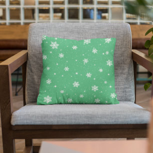 Cute Stars Snowflakes Green Winter Pattern Throw Pillow