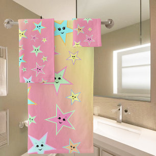 Cute stars with faces in pastel colours   bath towel set