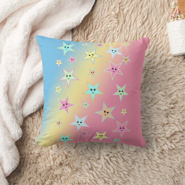 Cute stars with faces in pastel colours  throw pillow (Blanket)