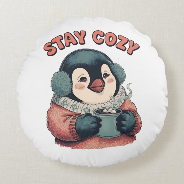 Cute Stay Cozy Penguin Drinking Hot Cocoa Hat Round Pillow (Front)