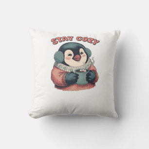 Cute Stay Cozy Penguin Drinking Hot Cocoa Hat Throw Pillow
