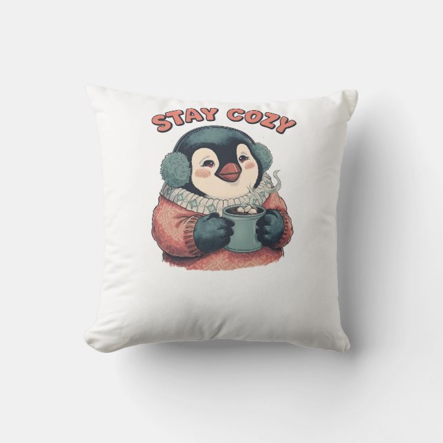 Cute Stay Cozy Penguin Drinking Hot Cocoa Hat Throw Pillow (Front)