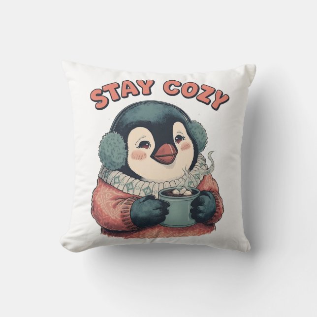 Cute Stay Cozy Penguin Drinking Hot Cocoa T-Shirt Throw Pillow (Front)